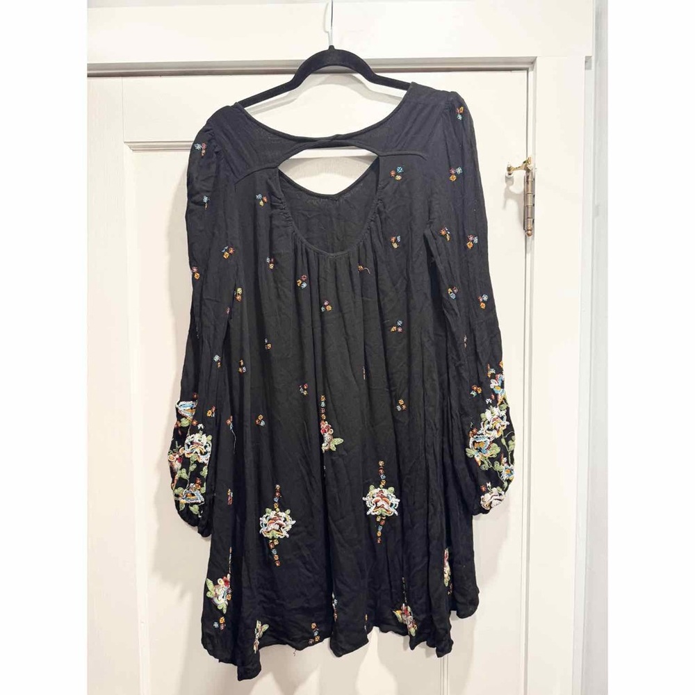 Free People Oxford Black Embroidered Swing Dress Large Boho Festival Coachella - Picture 7 of 15